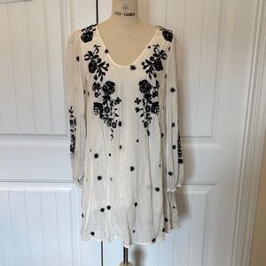Free People White Dress with Black Floral Design